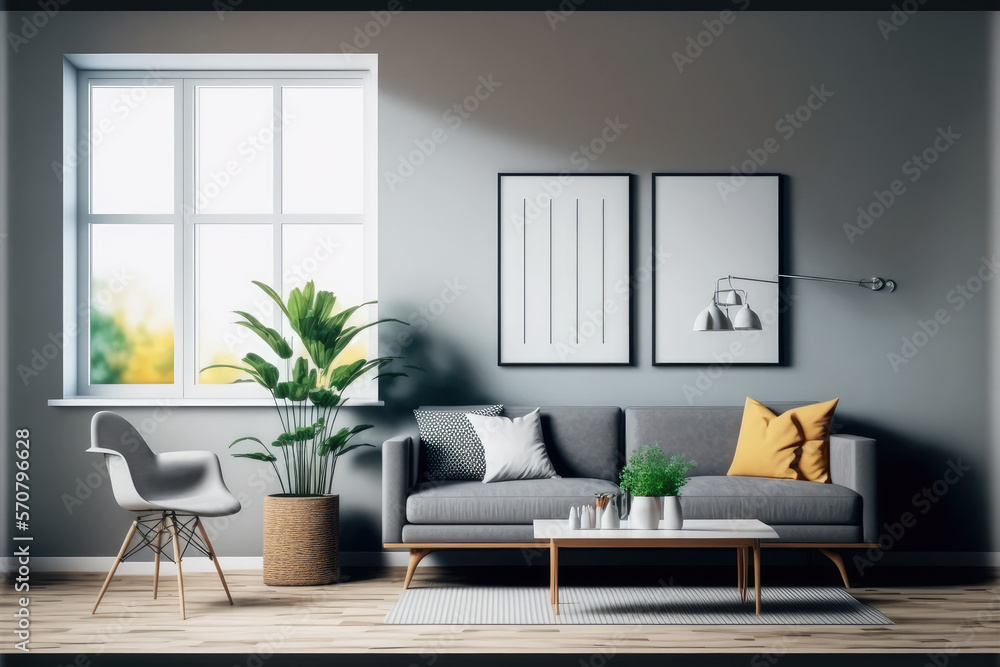 Modern comfortable living room interior design living space. Peculiar AI generative image.