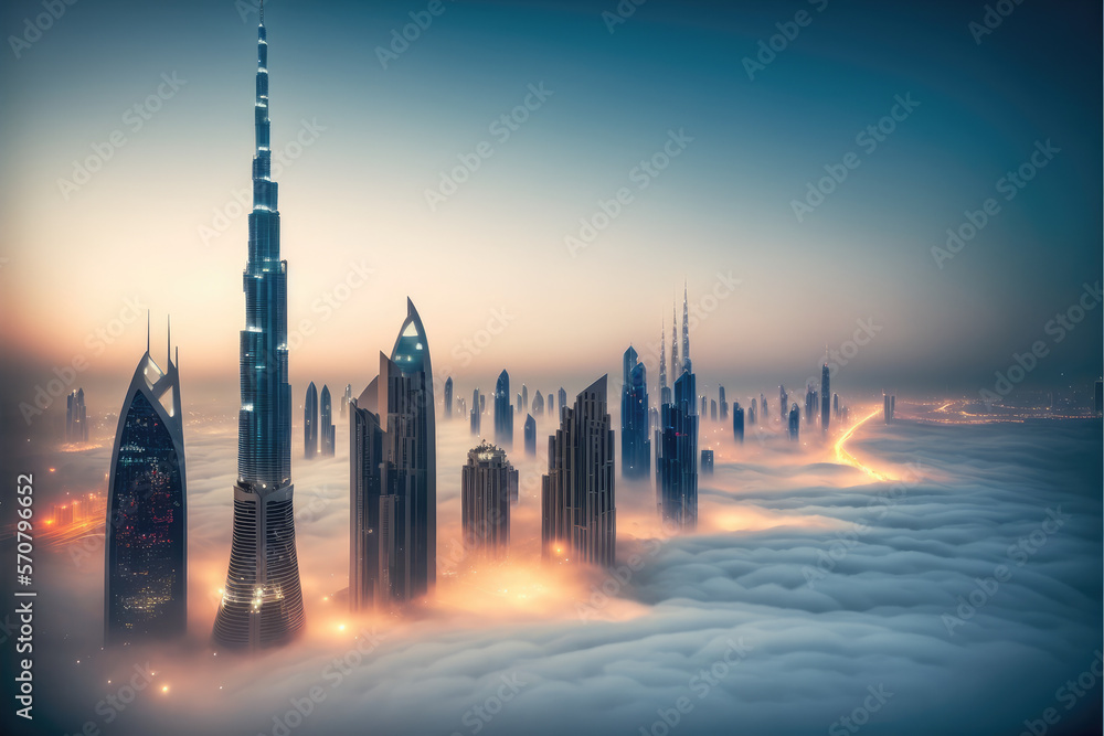 Top of skyscrapers building high above the clouds in the morning sunrise . Futuristic architecture o