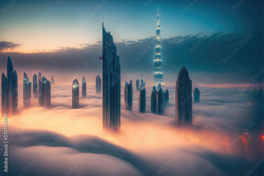 Top of skyscrapers building high above the clouds in the morning sunrise . Futuristic architecture o