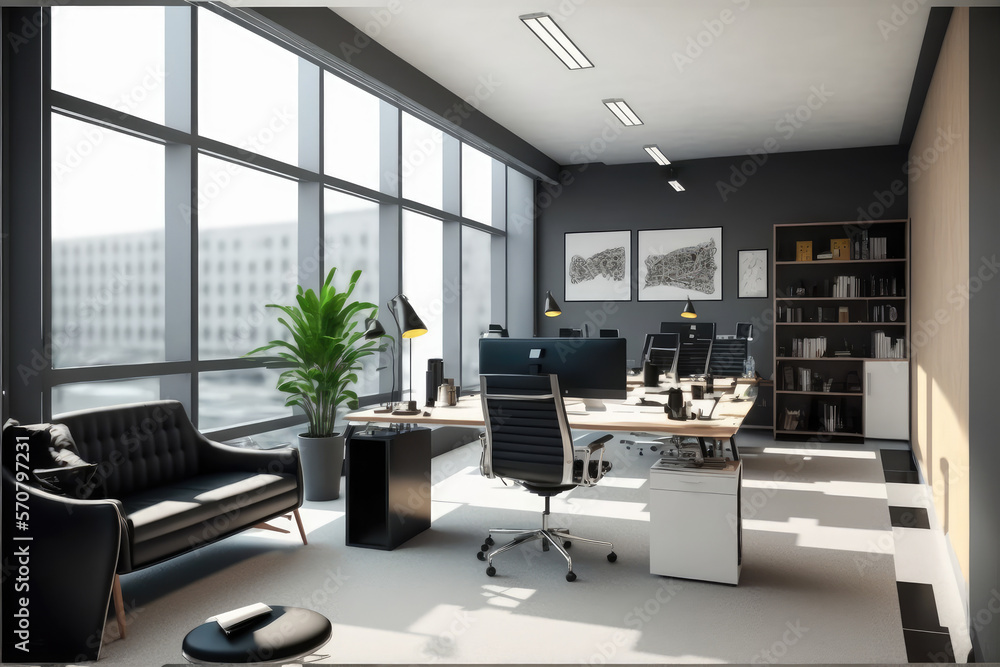 Modern office interior design . Contemporary workspace for creative business. Peculiar AI generative