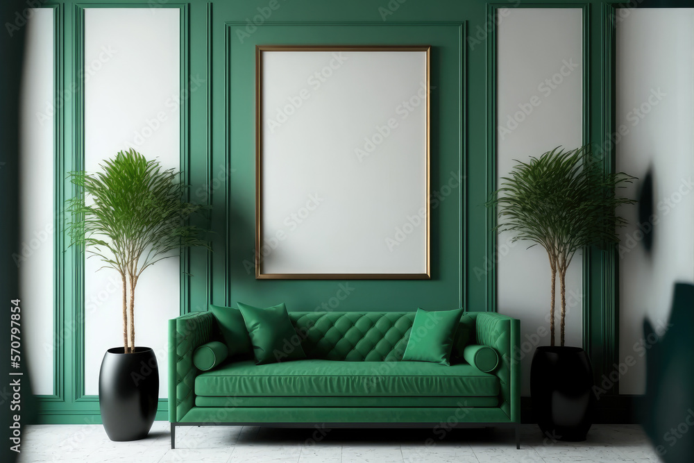 Green modern interior living room design with empty picture frame template for your desired content.