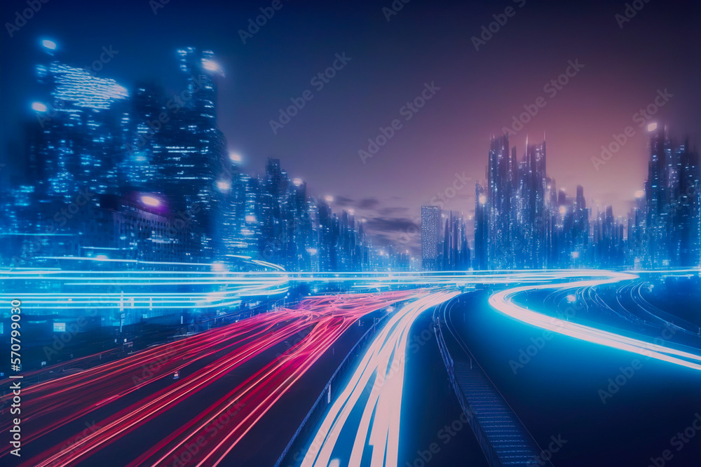 Smart digital city with high speed light trail of cars of digital data transfer . Sublime Generative