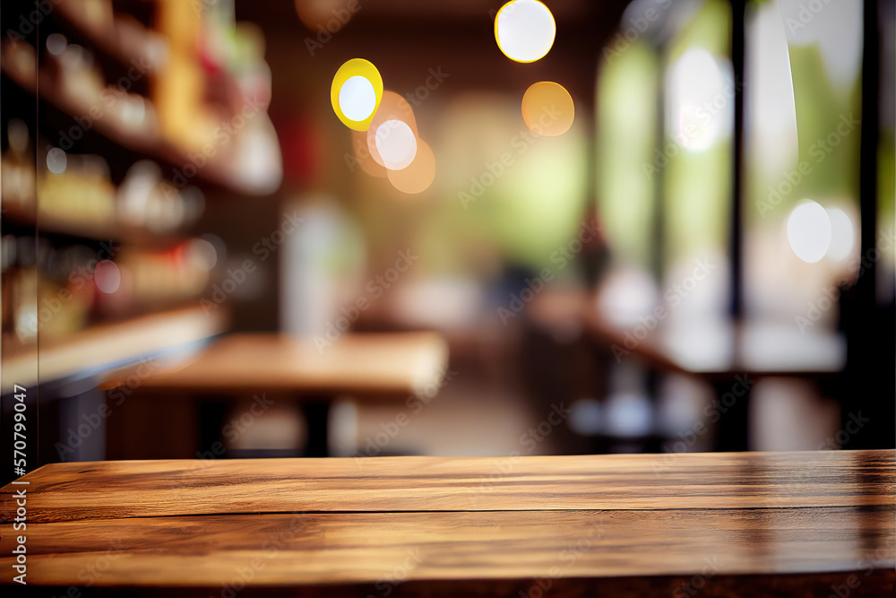 Empty wood table for product display in blur background of admirable restaurant at night