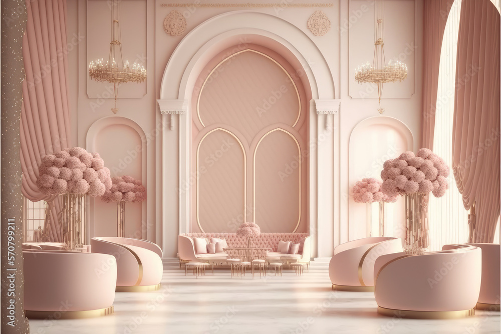 Modern living room interior design decorated in luxurious all pink color monochrome. Peculiar AI gen