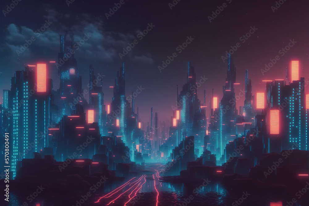 Science fiction neon city night. Dark futuristic sci-fi city lit with neon light. Peculiar AI genera