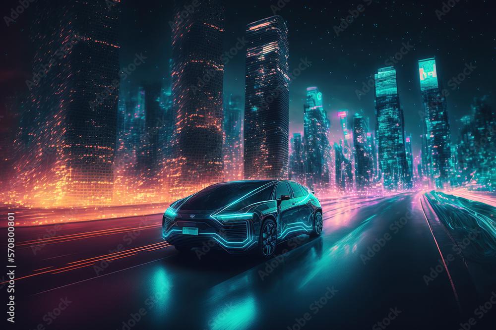 Racing sports car driving on urban city road with luxury digital technology . Sublime Generative AI 