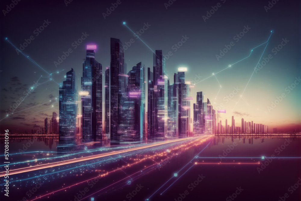 Smart city with communication network graphic connecting the city with wireless internet technology.