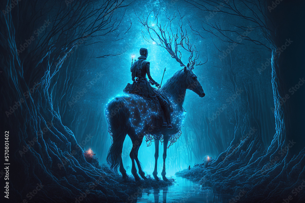 Night fantasy image of mystic woman riding deer in magical forest illumination . Sublime Generative 