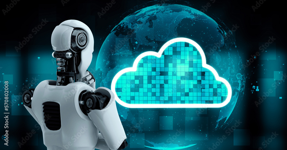 AI robot huminoid uses cloud computing technology to store data on online server . Futuristic concep