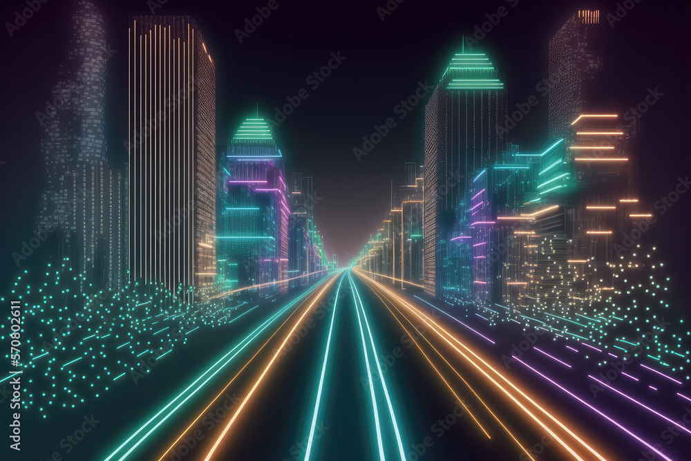 Abstract highway path through digital smart city graphic design. Peculiar AI generative image.