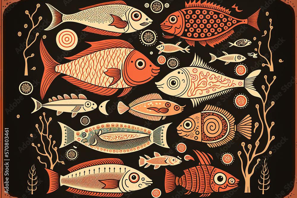 Folk art design of fish pattern wallpaper, red color theme . Sublime Generative AI image .