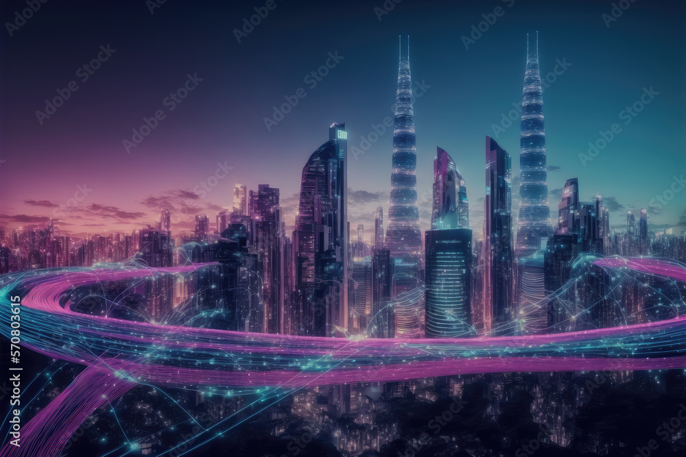 Smart city with communication network graphic connecting the city with wireless internet technology.