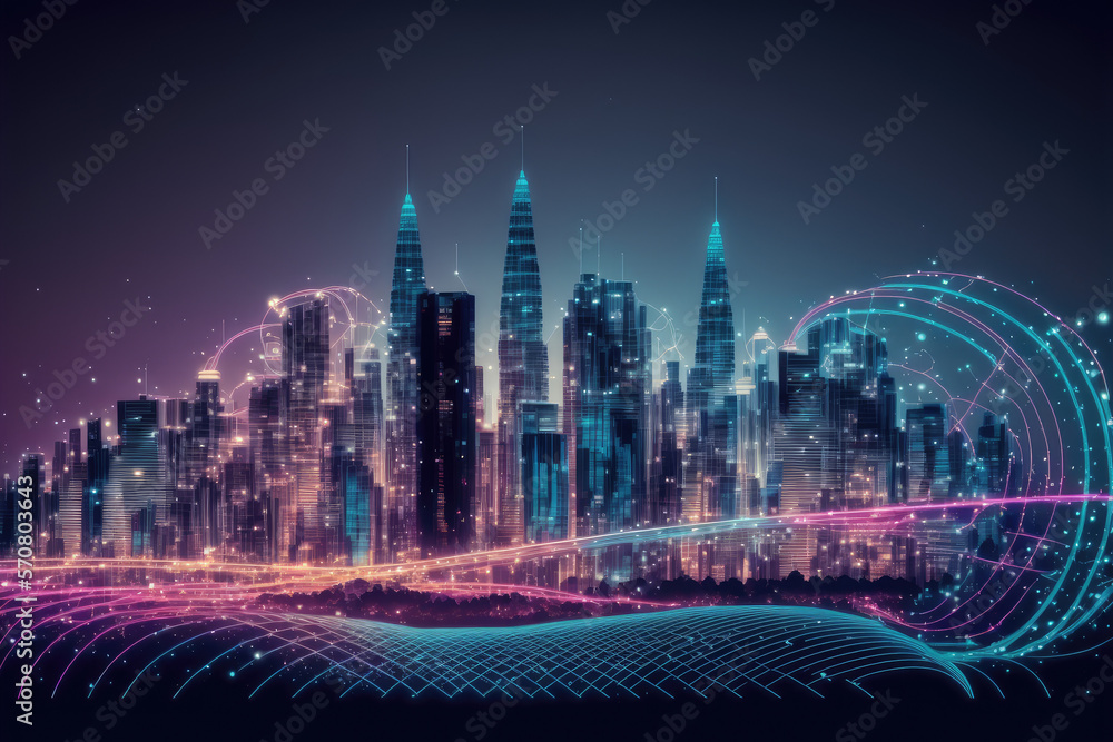 Smart city with communication network graphic connecting the city with wireless internet technology.