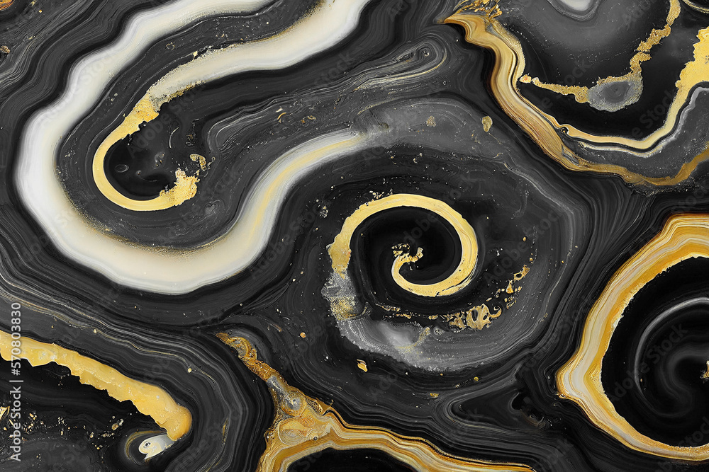 Abstract art background with a fluid marble black and gold texture. Splendid generative AI luxury ab