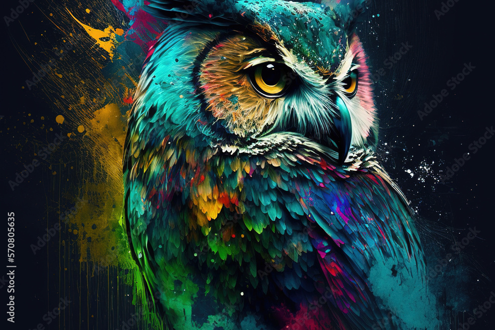 Watercolor painting of owl in style of colorful abstract art . Admirable Generative AI image .