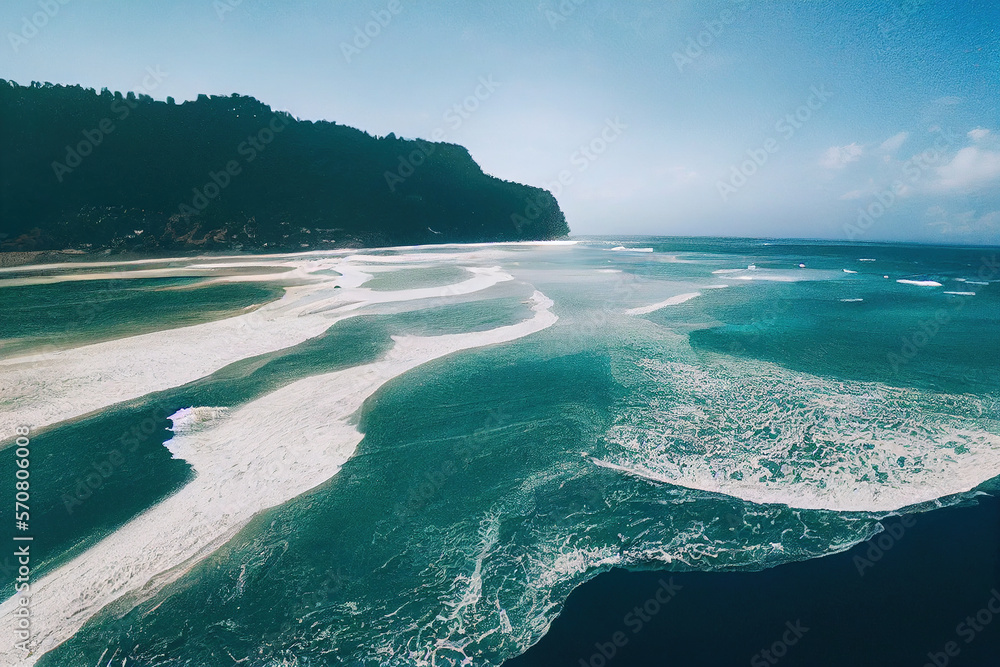 Spectacular top view from drone photo of beautiful beach with relaxing sunlight, sea water waves pou