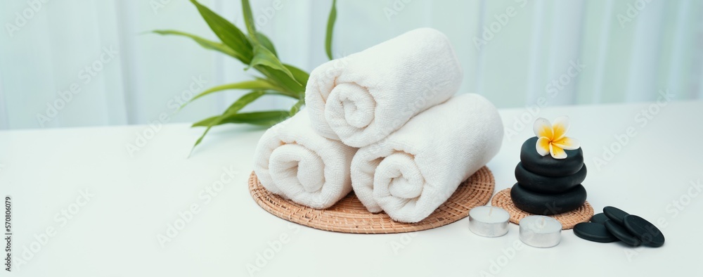 Spa accessory composition set in day spa hotel , beauty wellness center . Spa product are placed in 