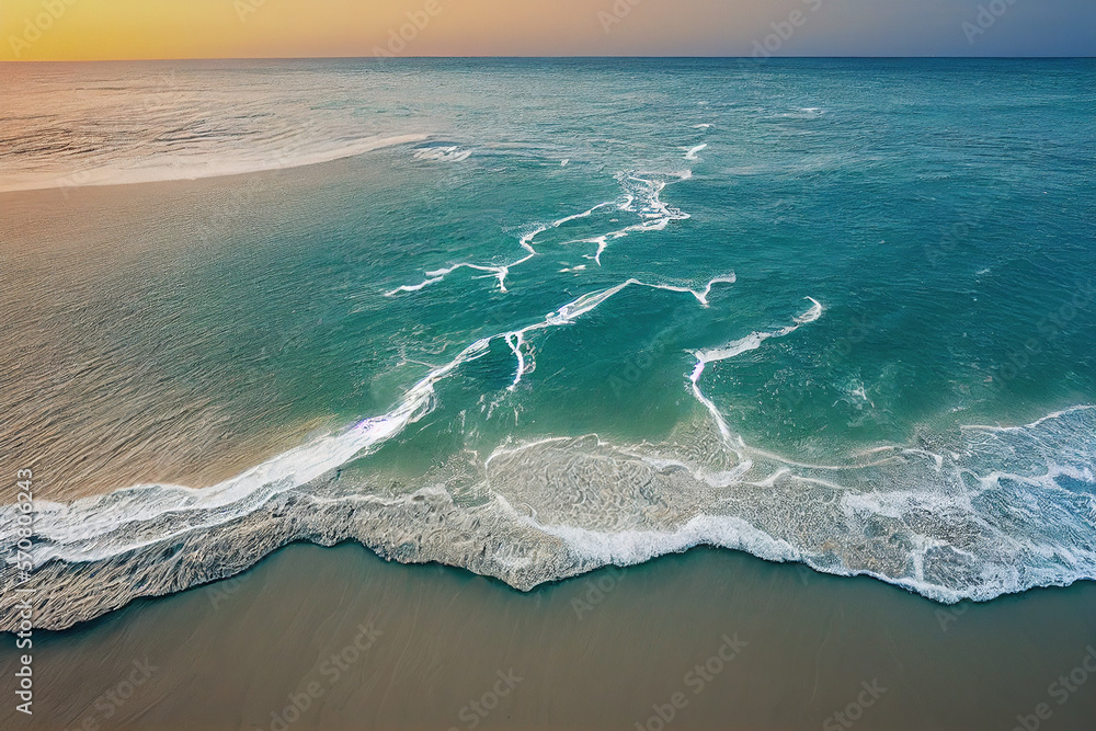 Spectacular top view from drone photo of beautiful beach with relaxing sunlight, sea water waves pou