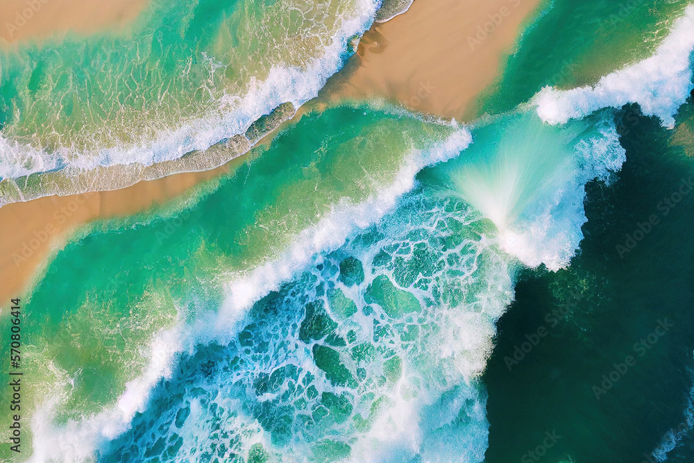 Spectacular top view from drone photo of beautiful beach with relaxing sunlight, sea water waves pou