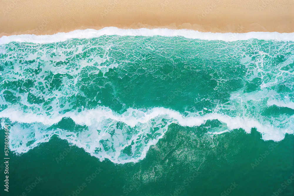 Spectacular top view from drone photo of beautiful beach with relaxing sunlight, sea water waves pou