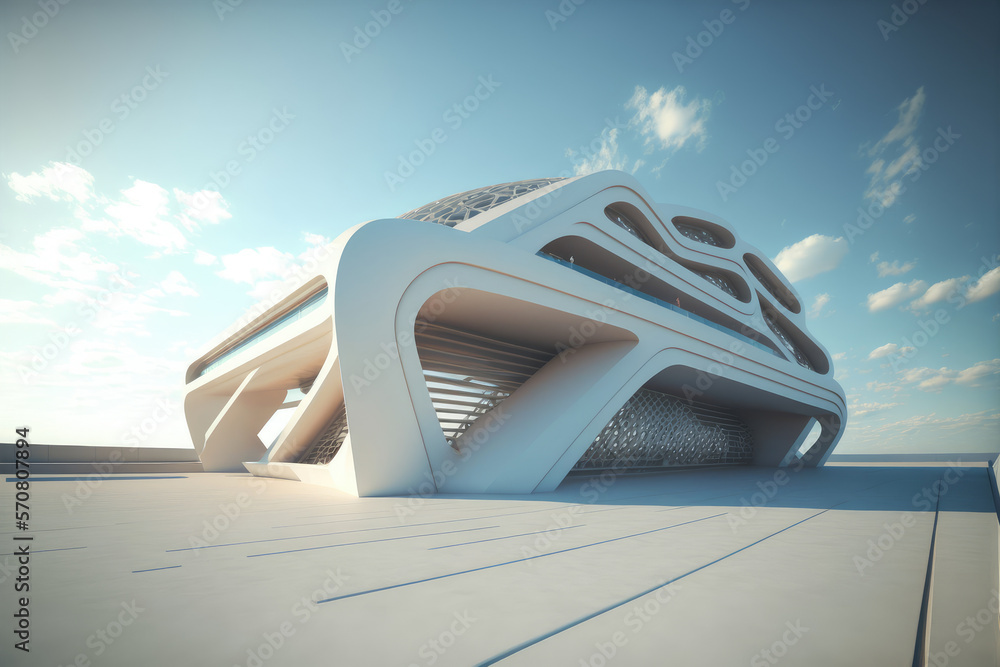 Futuristic architecture of modern hall entrance facade with empty concrete corridor under bright blu