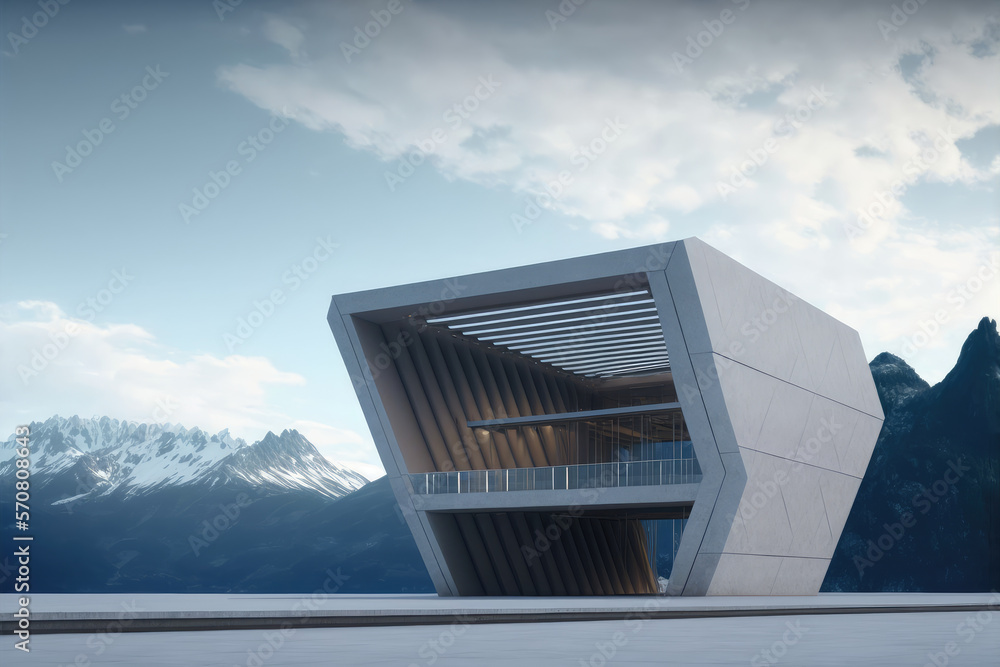 Futuristic architecture of modern hall entrance facade on high mountain top scenery with empty outdo