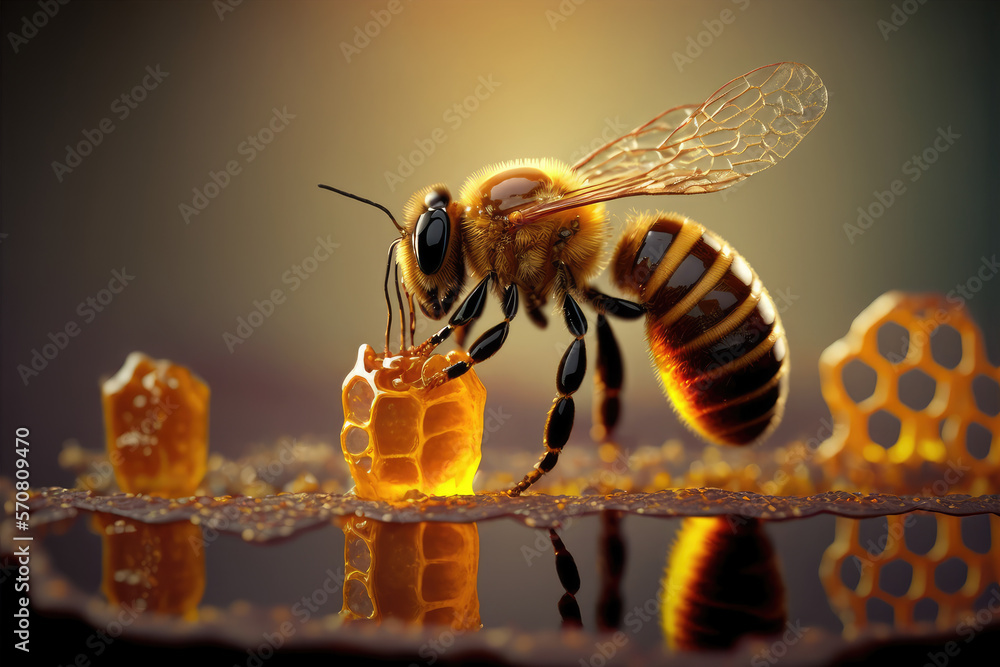 Bee and honey from close up view of nature insect. Peculiar AI generative image.