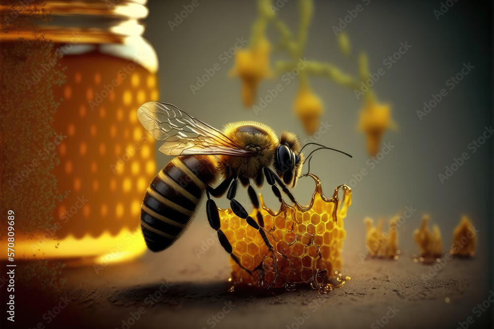 Bee and honey from close up view of nature insect. Peculiar AI generative image.