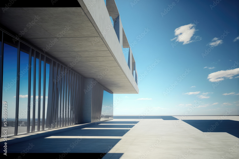 Modern architecture exterior of public hall entrance in urban building outdoor under bright sky with