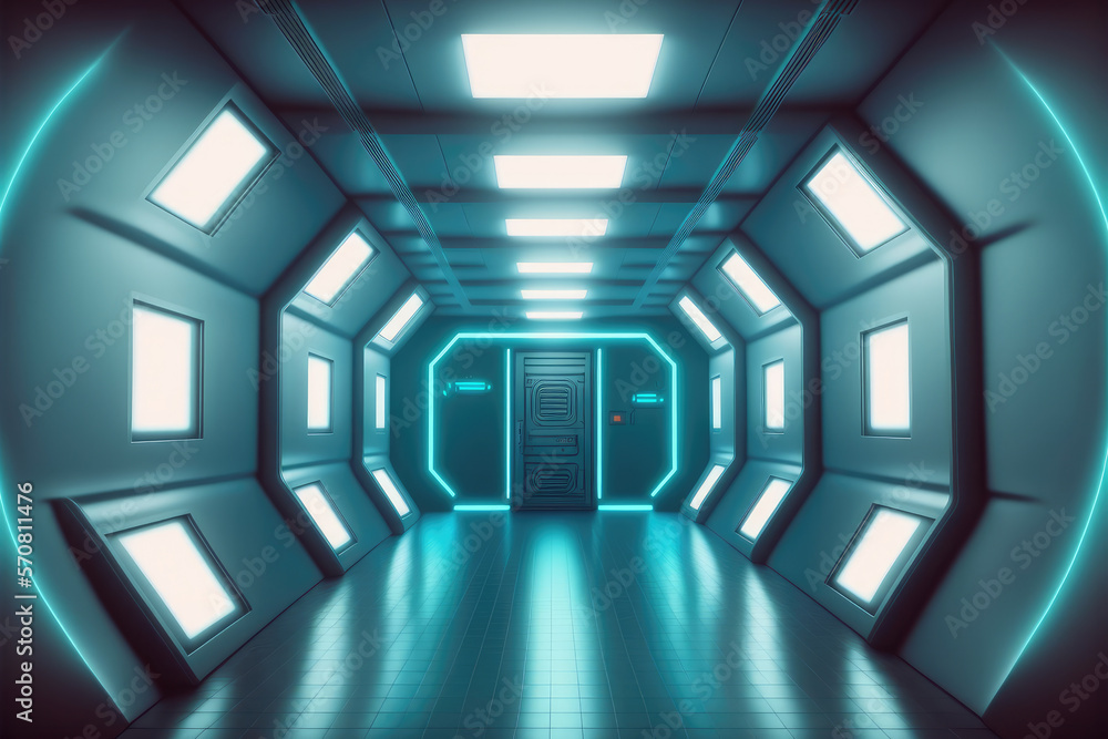 Empty sci-fi futuristic room of spaceship with blue light decoration . Super modern interior design.