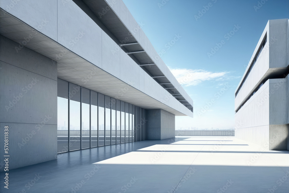 Modern architecture exterior of public hall entrance in urban building outdoor under bright sky with