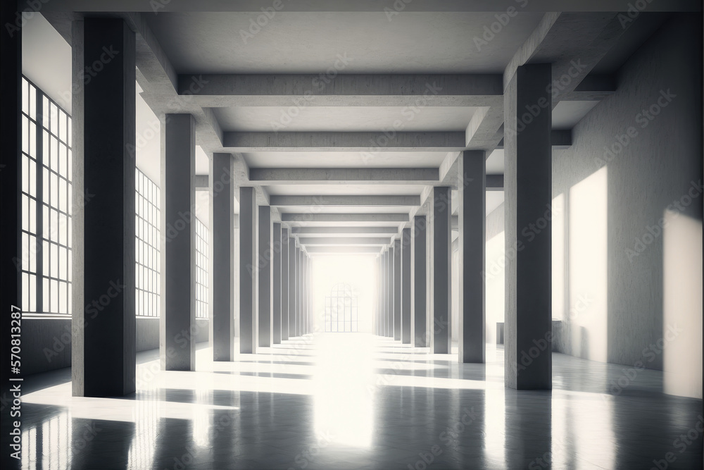 Large hall corridor inside office building background. Peculiar AI generative image.