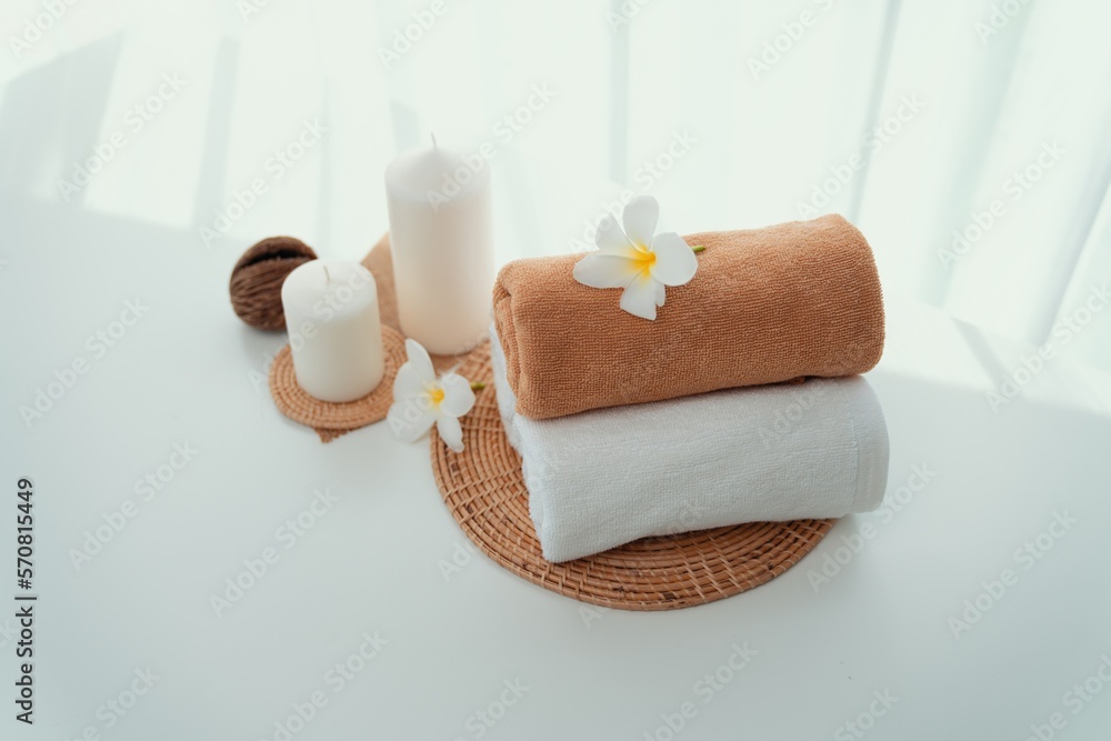 Spa accessory composition set in day spa hotel , beauty wellness center . Spa product are placed in 