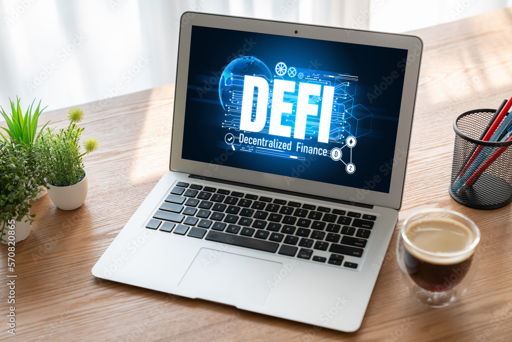 Decentralized finance or DeFi concept on modish computer screen . The defi system give new choice of