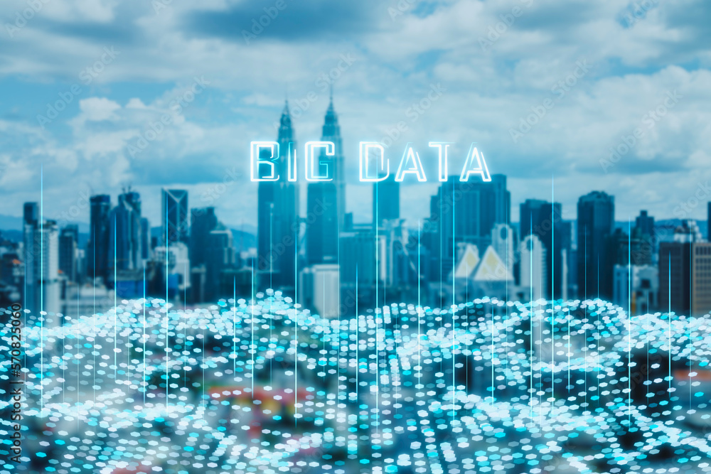 Creative big data city hologram. Technology and metaverse concept. Double exposure.