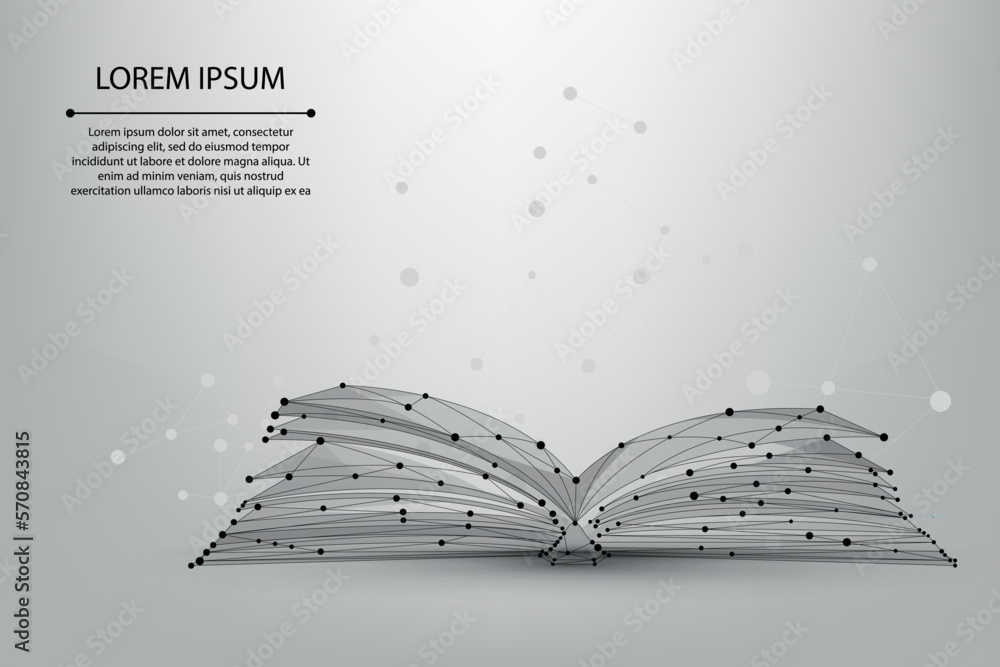 Abstract mesh line and point open book. Low poly education concept. Polygonal vector futuristic illu