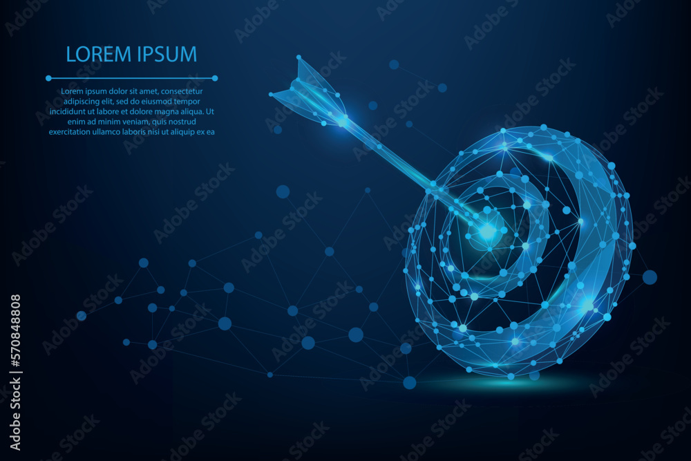 Abstract mesh line and point Bullseye or target. Low poly goal concept with glowing low polygonal ta