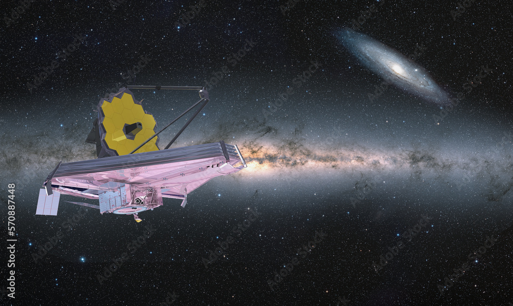 James Webb Space Telescope in Space Milky way in the background  Elements of this image furnished by