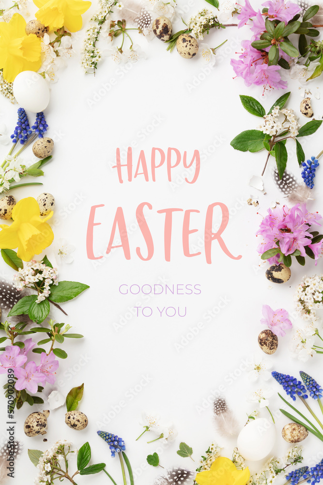 Happy Easter. Congratulatory easter background. Easter eggs and flowers.