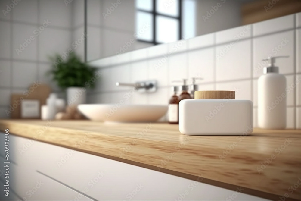 Perspective light brown wooden table, counter in the bathroom, mock-up for montage products display 