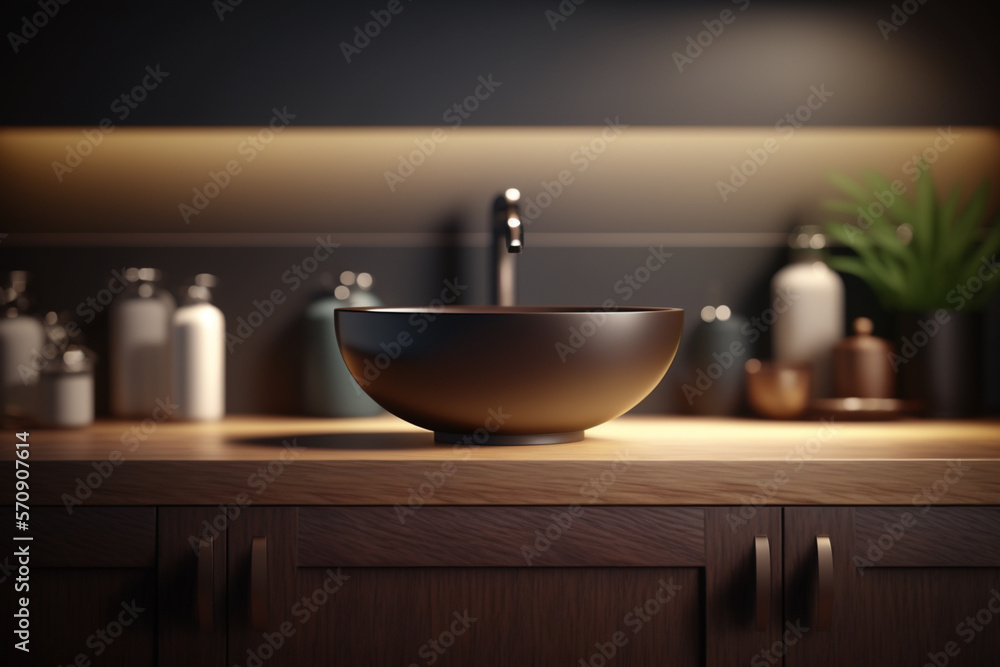 Perspective dark wood table, counter in the bathroom, mock-up for montage products display or design