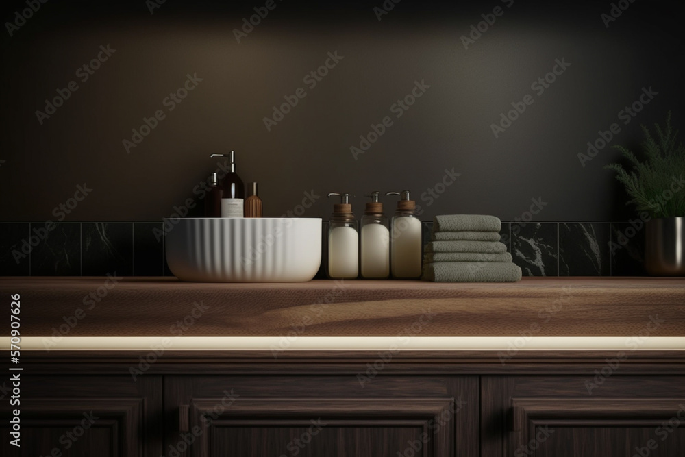 Perspective dark wood table, counter in the bathroom, mock-up for montage products display or design