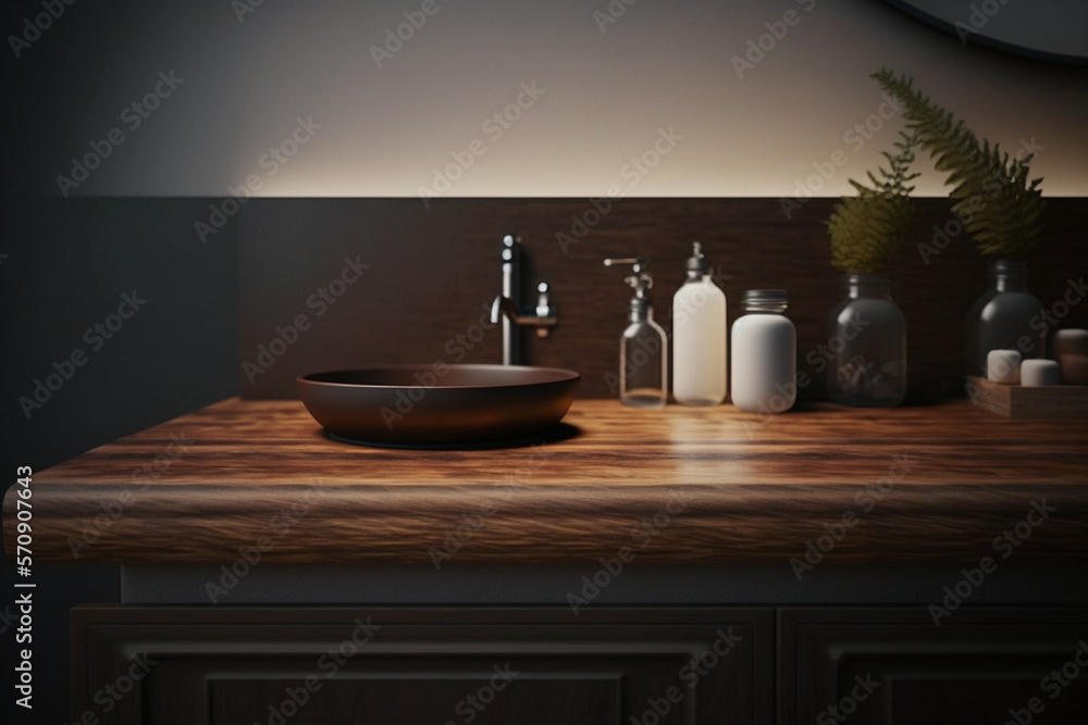 Perspective dark wood table, counter in the bathroom, mock-up for montage products display or design