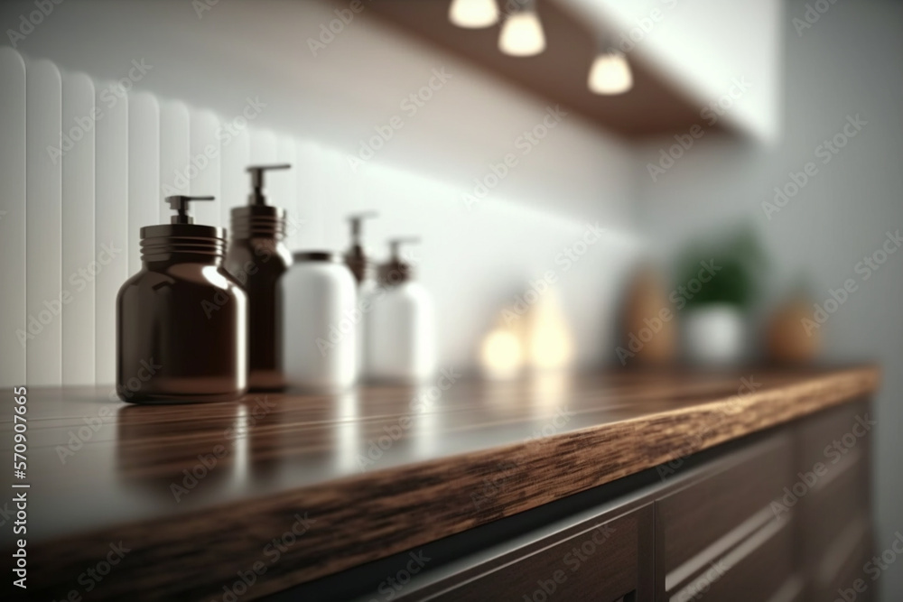 Perspective dark wood table, counter in the bathroom, mock-up for montage products display or design