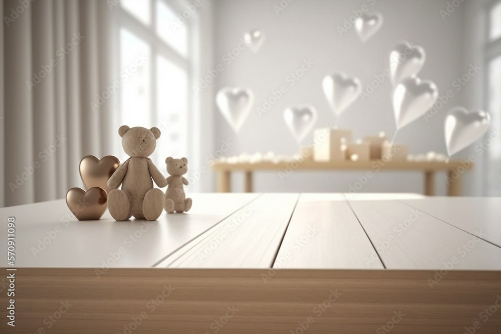 The perspective wood table over the blur beige background with silver hearts, mock-up for montage pr