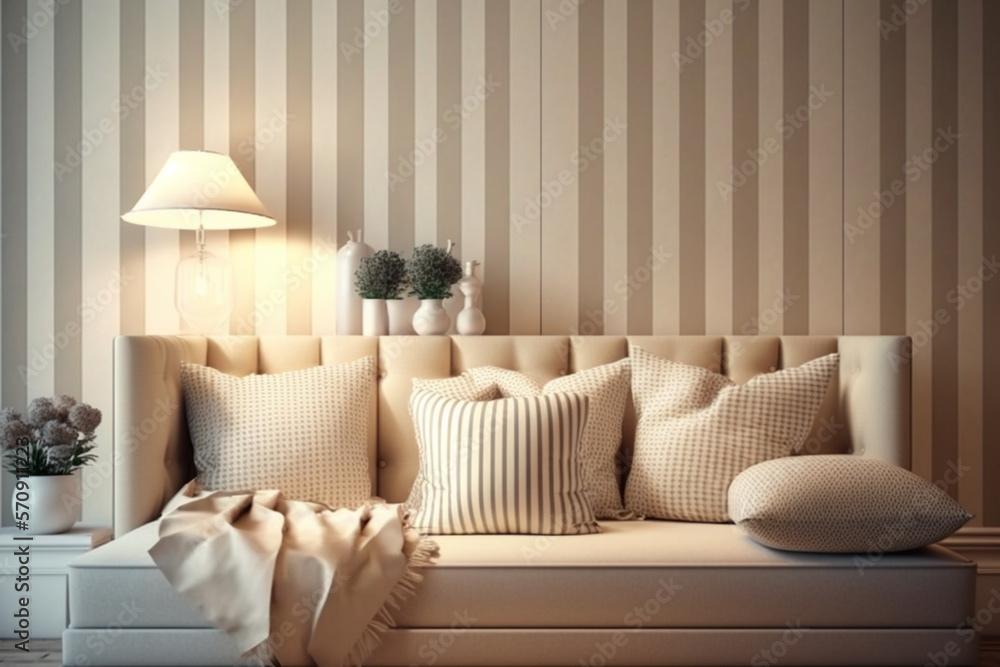 Beautiful bedroom interior, queen bed, and pillows in warm beige tones, Generative Ai