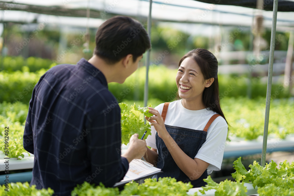 Young Asian workers checking quality of organic vegetables. Hydroponics farm organic fresh harvested