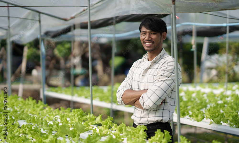 Portrait of young handsome Asian farmer standing in the green salad hydroponic farm with confident.