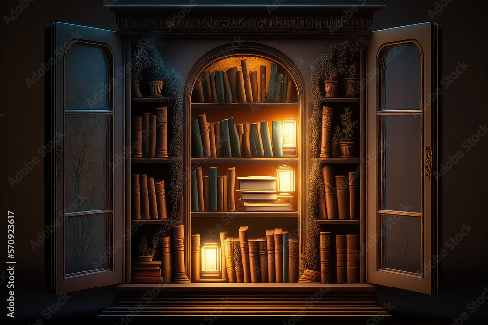 Old library with a lot of bookshelves, cabinet with many books digital illustration, magical archive