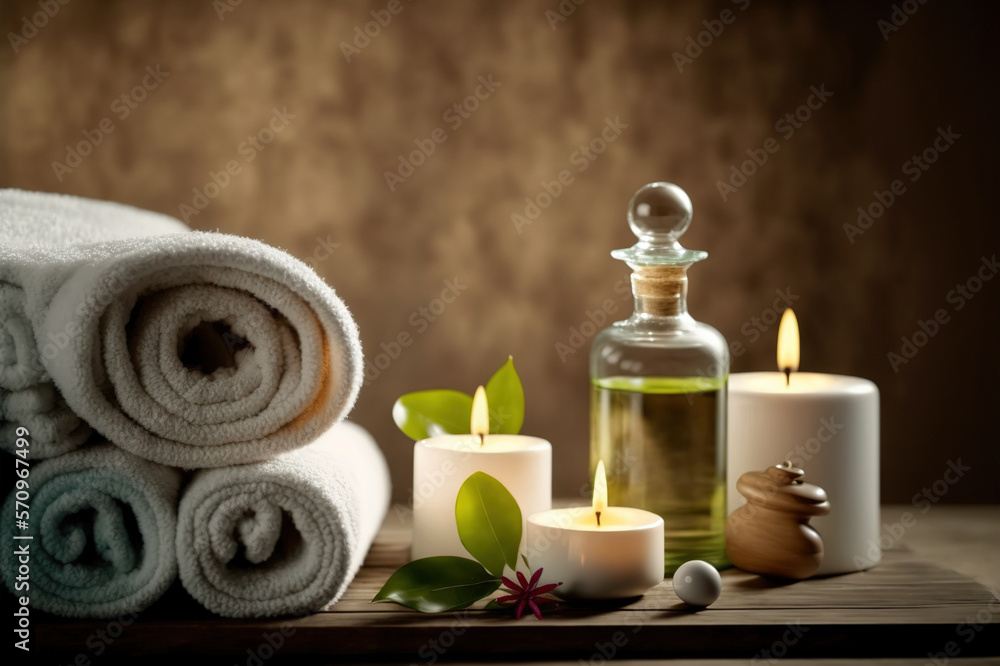 AI Generative image, spa accessory composition set in spa hotel , beauty wellness center . Spa produ